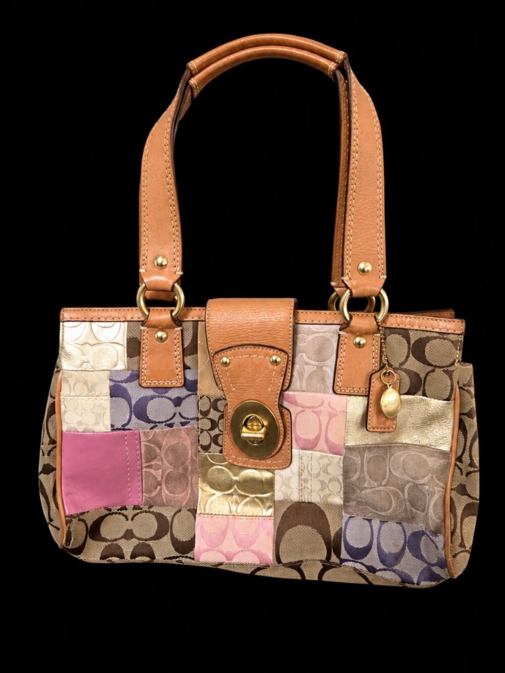 Vintage Coach Patchwork Satchel Y2K Tan Pink Signature C Leather Trim Bag